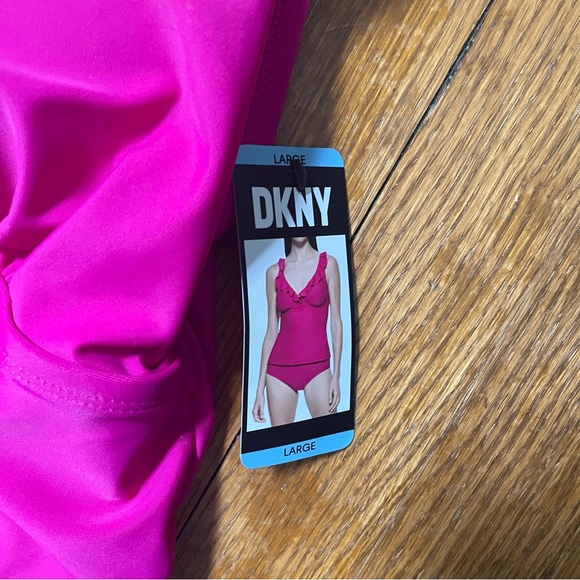 NWT DKNY Hot  Pink Two Piece Swimsuit Ruffle Plunge Large Bikini Tankini V-neck - Picture 7 of 13